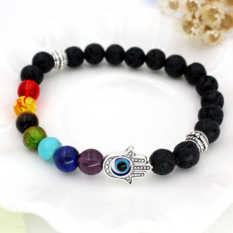 Hamsa Hand Charm 8mm Black Lava Natural Stone Bead Bracelet 7 Chakra Mixed Buddh Healing Chakra Pray Mala Bracelet Beads Jewelry