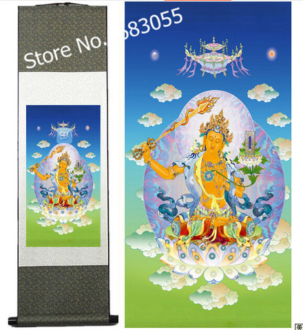 Chinese Silk scroll painting-Manjusri bodhisattva Buddh scroll painting wholesale hanging drop family decoration collection gift